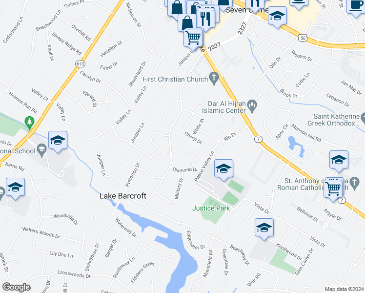 map of restaurants, bars, coffee shops, grocery stores, and more near 3217 Sargent Drive in Falls Church
