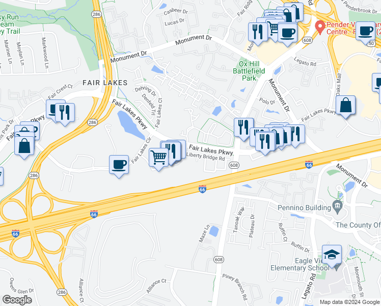 map of restaurants, bars, coffee shops, grocery stores, and more near 12466 Liberty Bridge Road in Fairfax