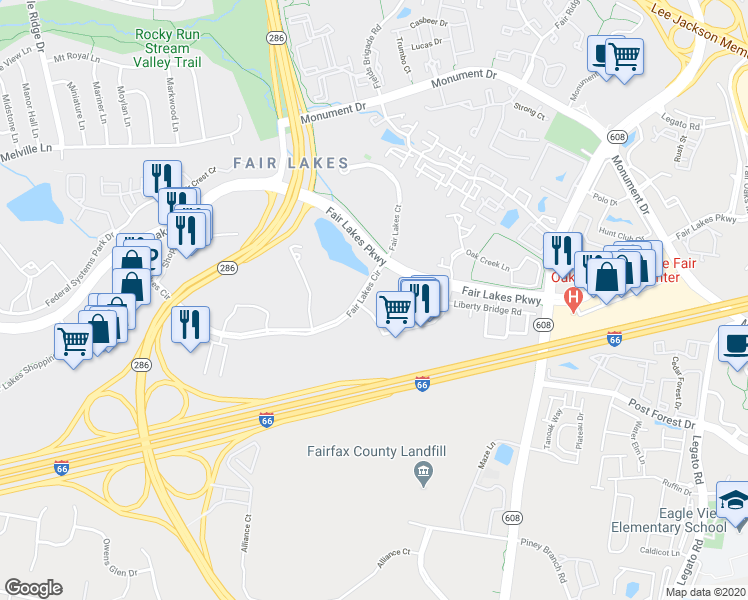 map of restaurants, bars, coffee shops, grocery stores, and more near 4401 Roger Stover Drive in Fairfax