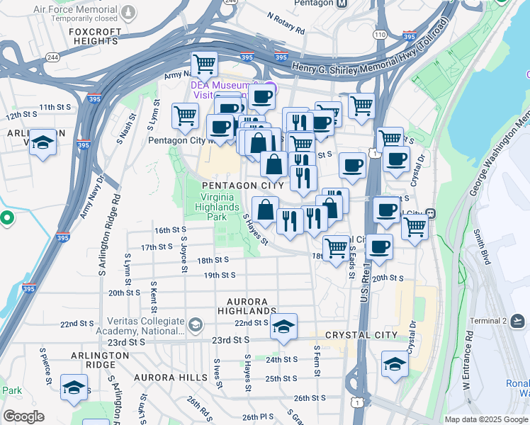 map of restaurants, bars, coffee shops, grocery stores, and more near 730 15th Street South in Arlington