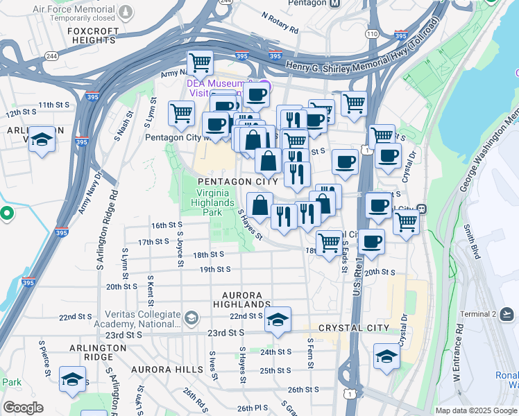 map of restaurants, bars, coffee shops, grocery stores, and more near 1635 South Hayes Street in Arlington