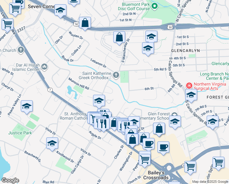 map of restaurants, bars, coffee shops, grocery stores, and more near 6032 Hardwick Place in Falls Church