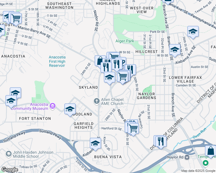 map of restaurants, bars, coffee shops, grocery stores, and more near 2701 Naylor Road Southeast in Washington