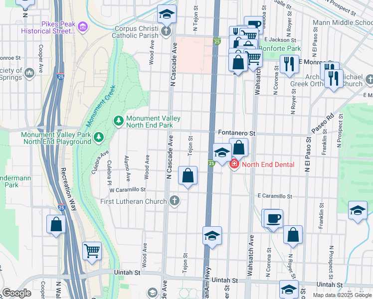 map of restaurants, bars, coffee shops, grocery stores, and more near 17 East Espanola Street in Colorado Springs