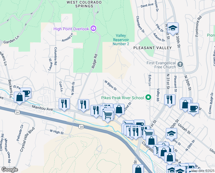 map of restaurants, bars, coffee shops, grocery stores, and more near 3347 West Bijou Street in Colorado Springs