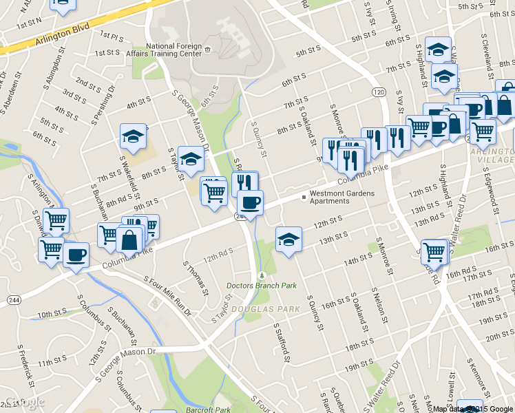 map of restaurants, bars, coffee shops, grocery stores, and more near 4098 Columbia Pike in Arlington