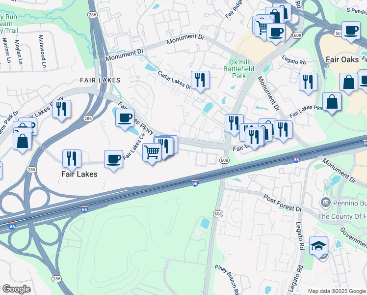 map of restaurants, bars, coffee shops, grocery stores, and more near 12466 Liberty Bridge Road in Fairfax