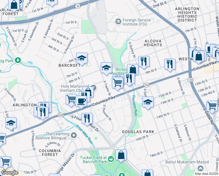 map of restaurants, bars, coffee shops, grocery stores, and more near 933 South Taylor Street in Arlington