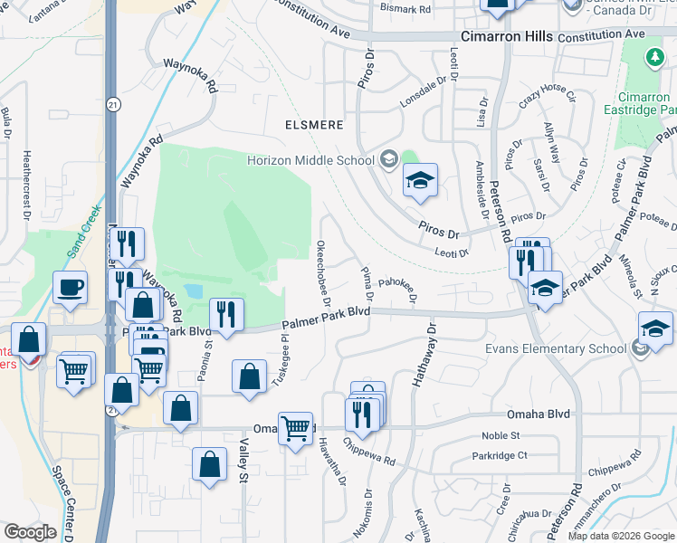 map of restaurants, bars, coffee shops, grocery stores, and more near 6370 Okeechobee Place in Colorado Springs