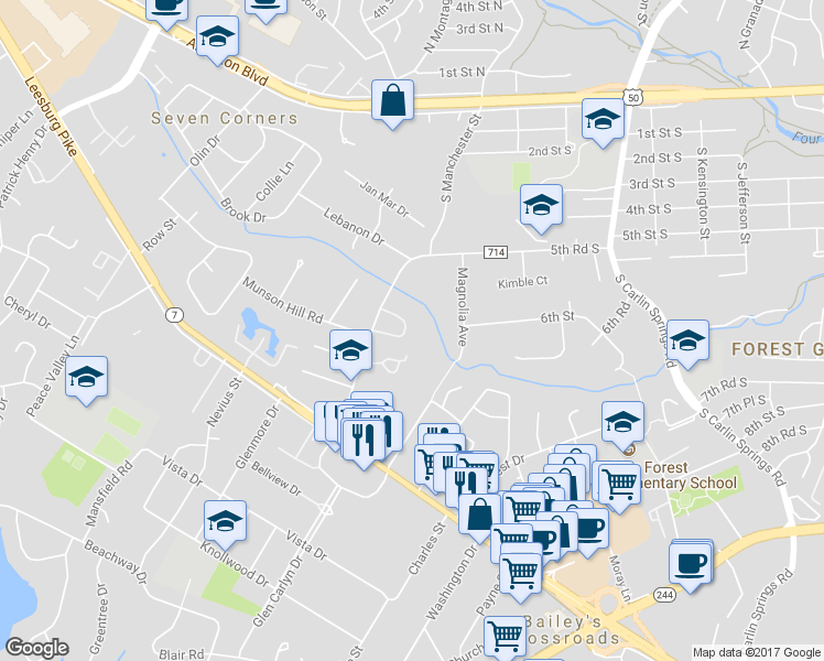map of restaurants, bars, coffee shops, grocery stores, and more near 6032 Hardwick Place in Falls Church