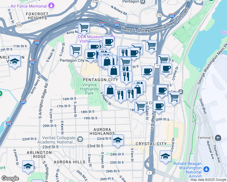 map of restaurants, bars, coffee shops, grocery stores, and more near 634 15th Street South in Arlington