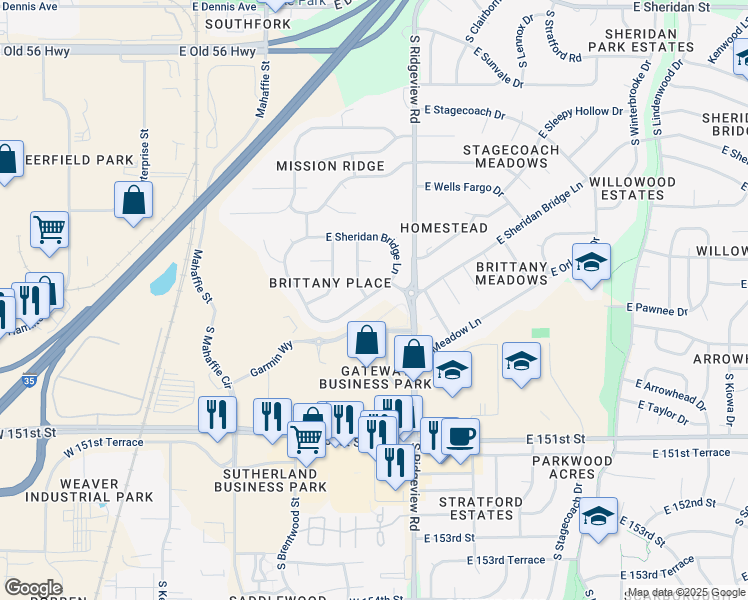 map of restaurants, bars, coffee shops, grocery stores, and more near 1247 East Meadow Lane in Olathe