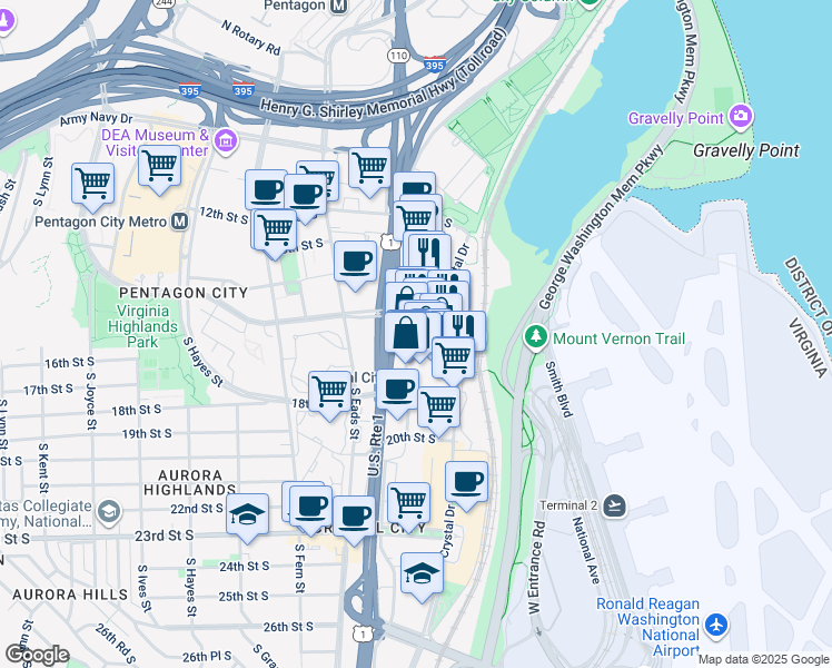 map of restaurants, bars, coffee shops, grocery stores, and more near 1515 Jefferson Davis Highway in Arlington