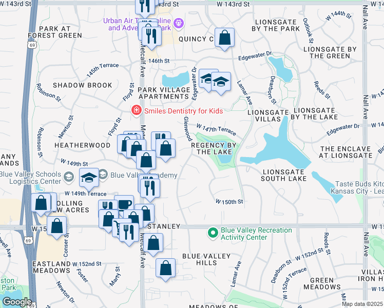 map of restaurants, bars, coffee shops, grocery stores, and more near 8618 Walmer in Overland Park