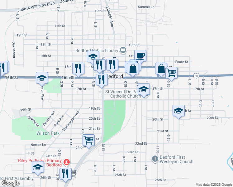 map of restaurants, bars, coffee shops, grocery stores, and more near 1710 L Street in Bedford