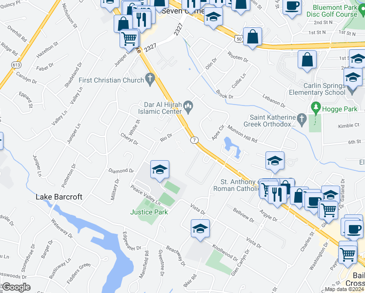 map of restaurants, bars, coffee shops, grocery stores, and more near 6135 Leesburg Pike in Falls Church