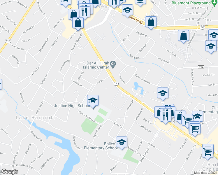 map of restaurants, bars, coffee shops, grocery stores, and more near 6135 Leesburg Pike in Falls Church
