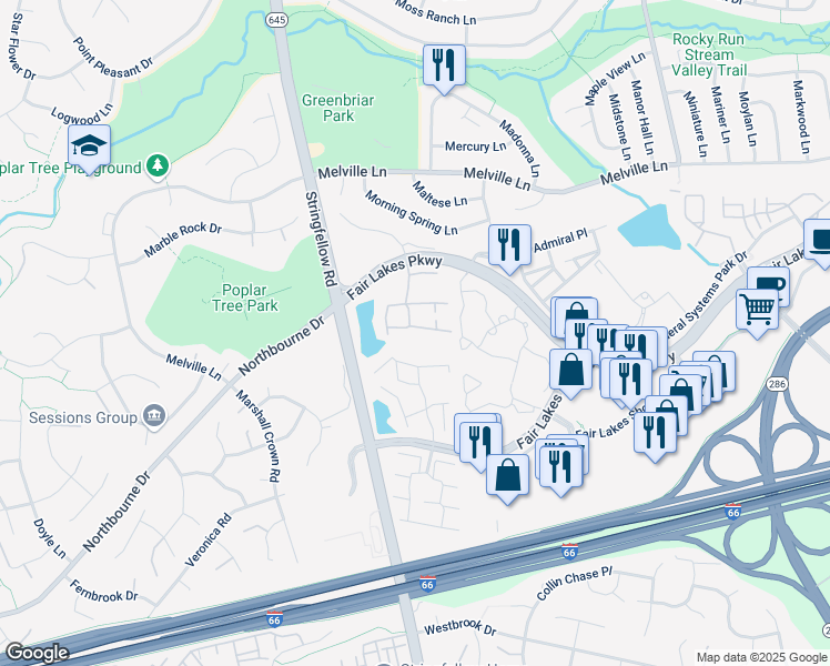 map of restaurants, bars, coffee shops, grocery stores, and more near 13123 Misty Glen Lane in Fairfax