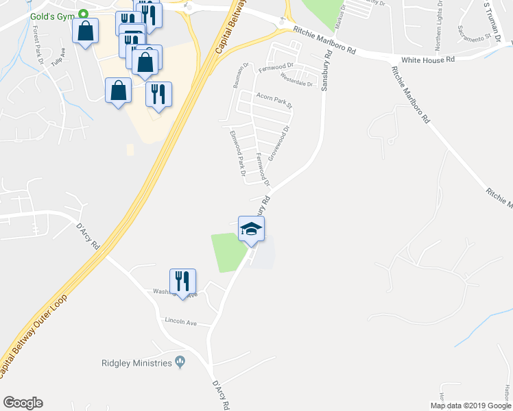 map of restaurants, bars, coffee shops, grocery stores, and more near 2123 Sansbury Road in Upper Marlboro
