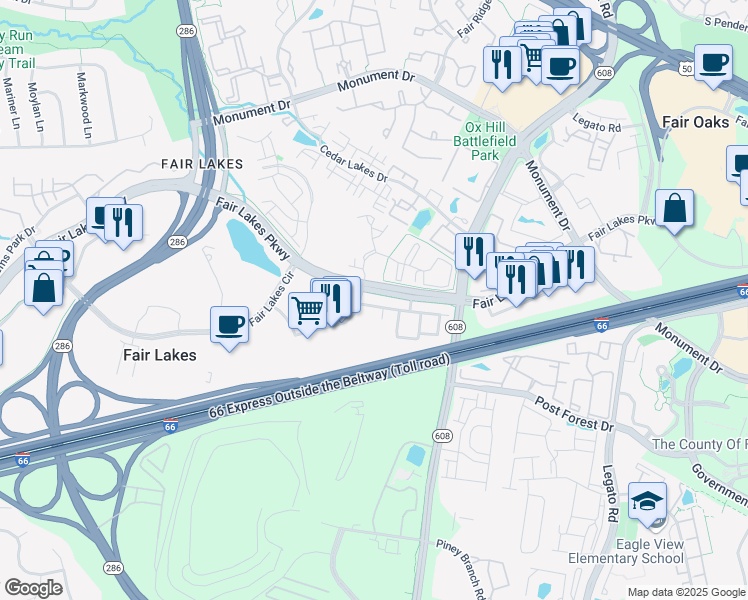 map of restaurants, bars, coffee shops, grocery stores, and more near 12464B Liberty Bridge Road in Fairfax