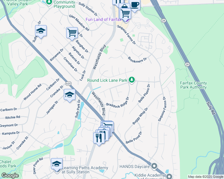 map of restaurants, bars, coffee shops, grocery stores, and more near 14415 Round Lick Lane in Centreville