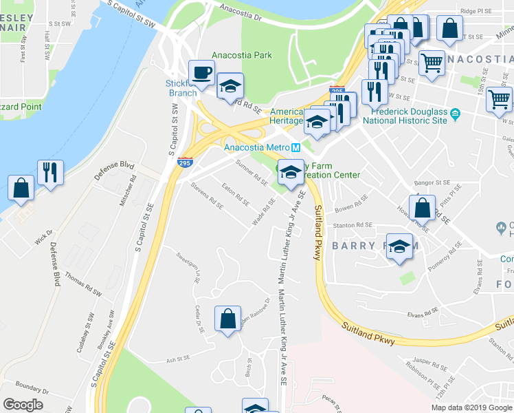 map of restaurants, bars, coffee shops, grocery stores, and more near 1286 Eaton Road Southeast in Washington