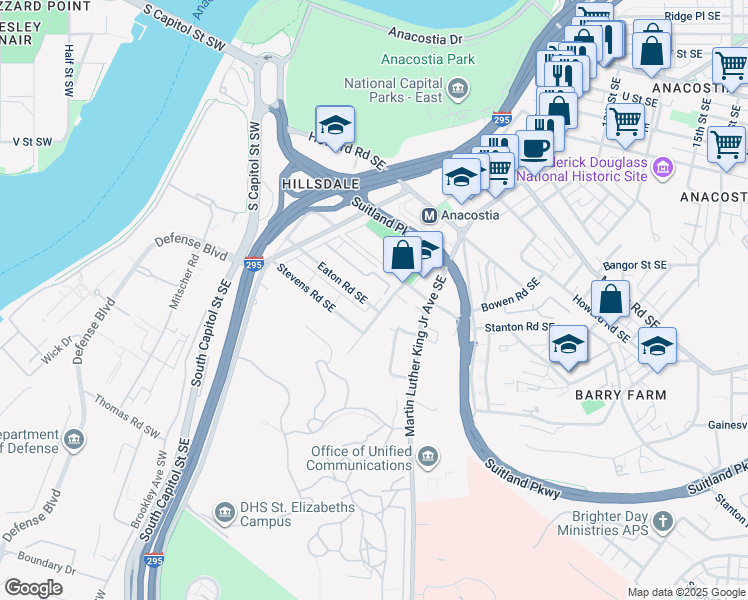 map of restaurants, bars, coffee shops, grocery stores, and more near 1286 Eaton Road Southeast in Washington