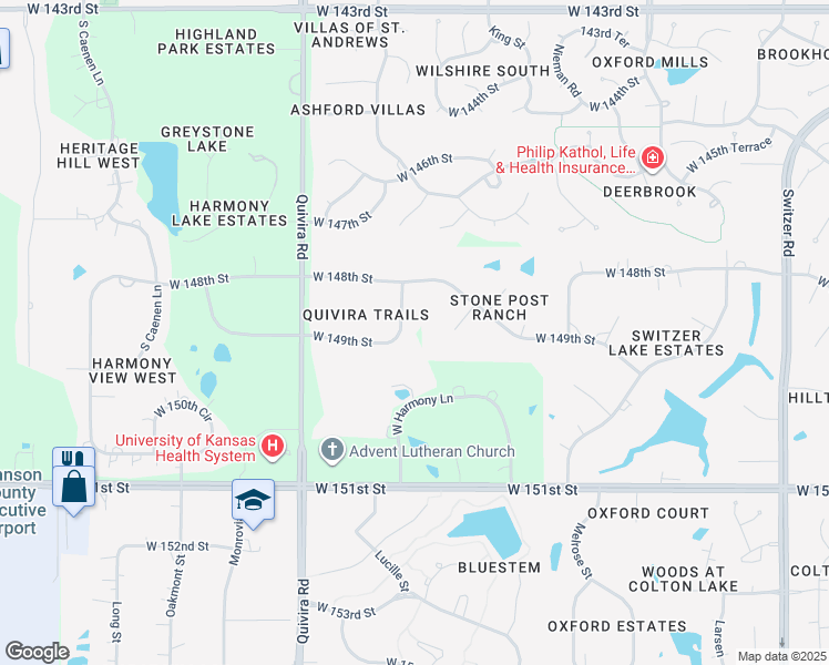 map of restaurants, bars, coffee shops, grocery stores, and more near 11805 West 149th Street in Olathe