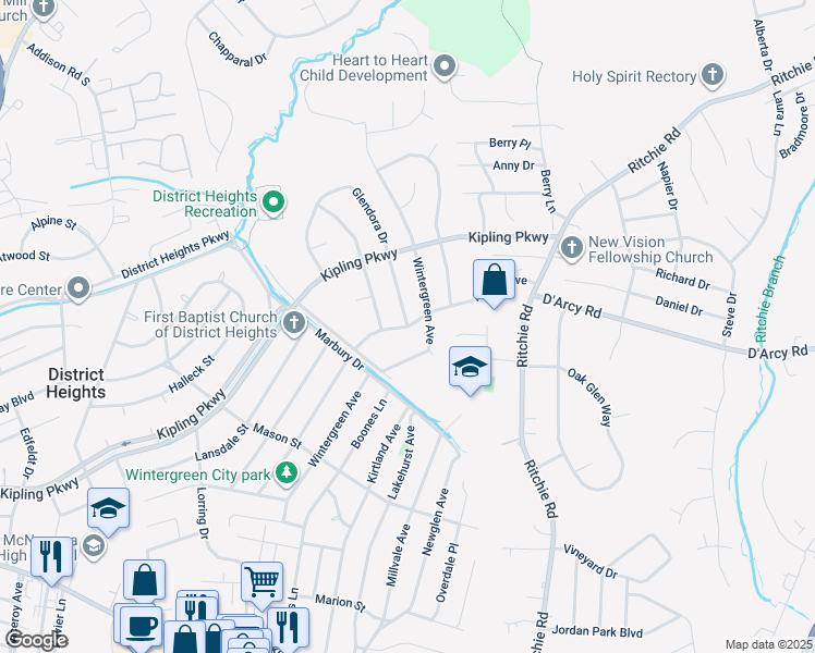 map of restaurants, bars, coffee shops, grocery stores, and more near 3355 Glendora Drive in District Heights