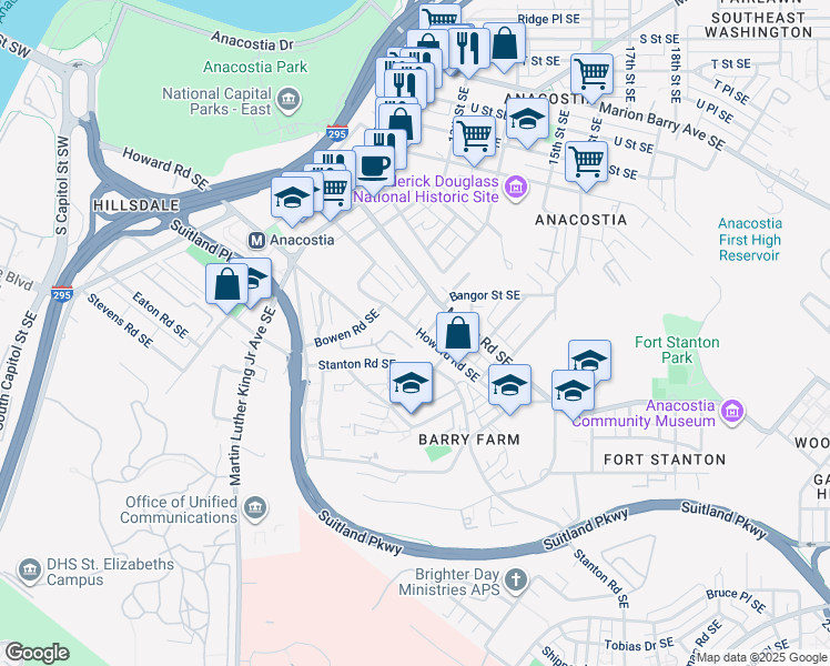 map of restaurants, bars, coffee shops, grocery stores, and more near 1415 Howard Road Southeast in Washington