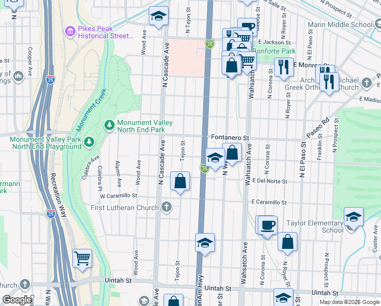 map of restaurants, bars, coffee shops, grocery stores, and more near 115 East Espanola Street in Colorado Springs