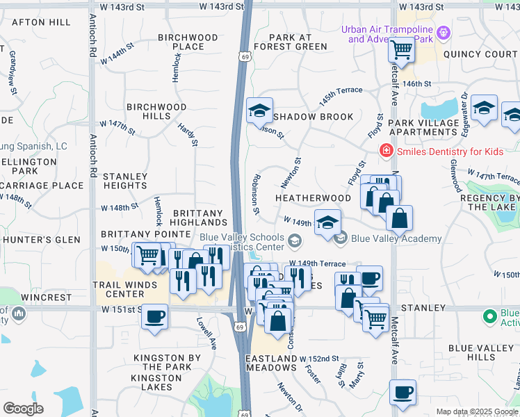 map of restaurants, bars, coffee shops, grocery stores, and more near 7702 West 149th Street in Overland Park