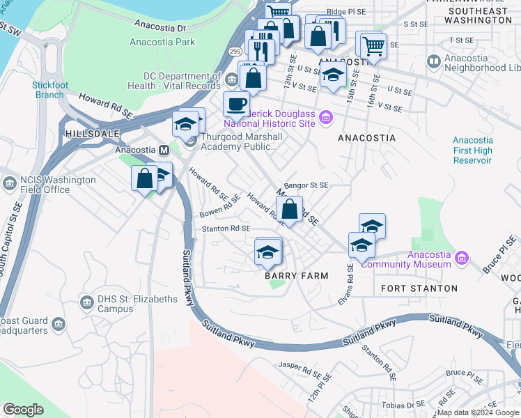 map of restaurants, bars, coffee shops, grocery stores, and more near 1415 Howard Road Southeast in Washington