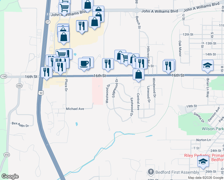 map of restaurants, bars, coffee shops, grocery stores, and more near 115 Edgewood Drive in Bedford
