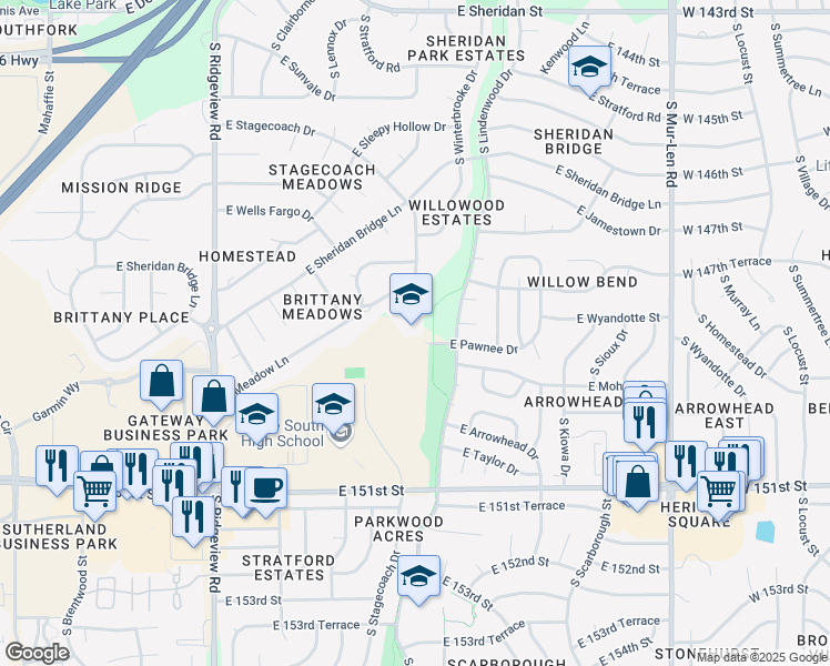 map of restaurants, bars, coffee shops, grocery stores, and more near 1700 East Pawnee Drive in Olathe
