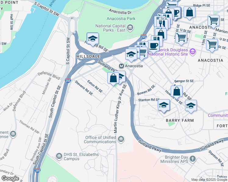 map of restaurants, bars, coffee shops, grocery stores, and more near 2610 Wade Road Southeast in Washington