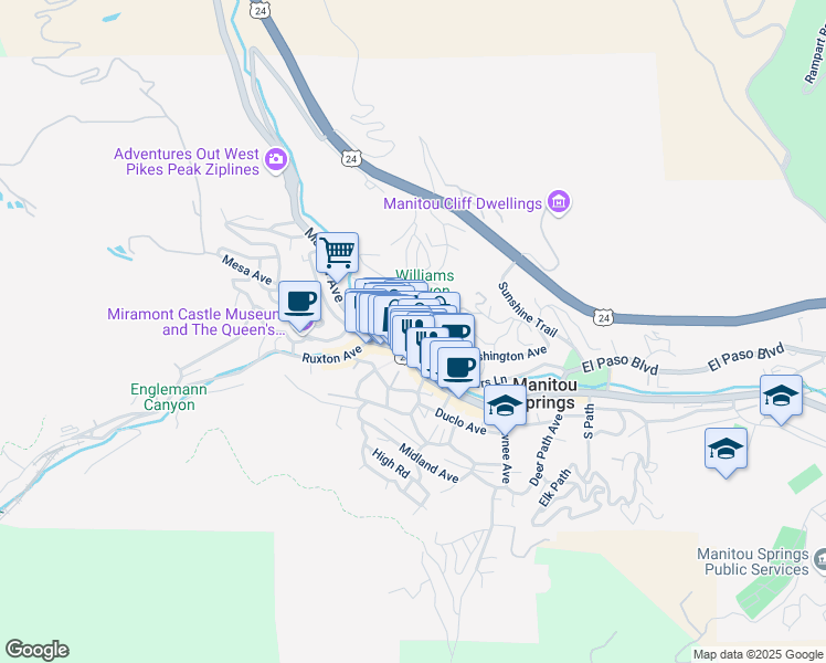 map of restaurants, bars, coffee shops, grocery stores, and more near 924 Manitou Avenue in Manitou Springs