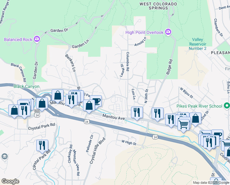 map of restaurants, bars, coffee shops, grocery stores, and more near 6 El Paso Boulevard in Colorado Springs