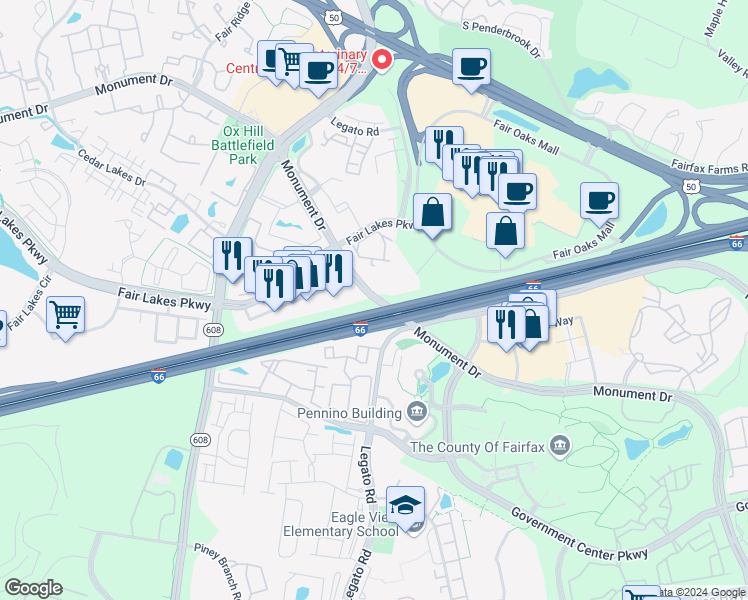 map of restaurants, bars, coffee shops, grocery stores, and more near Monument Drive in Fairfax County