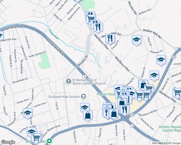 map of restaurants, bars, coffee shops, grocery stores, and more near 2130 Brooks Drive in District Heights