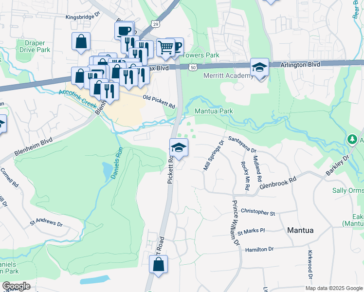map of restaurants, bars, coffee shops, grocery stores, and more near 9430 Silver King Court in Fairfax