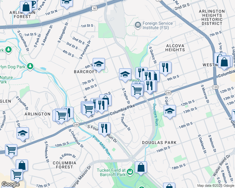 map of restaurants, bars, coffee shops, grocery stores, and more near 4318 9th Street South in Arlington