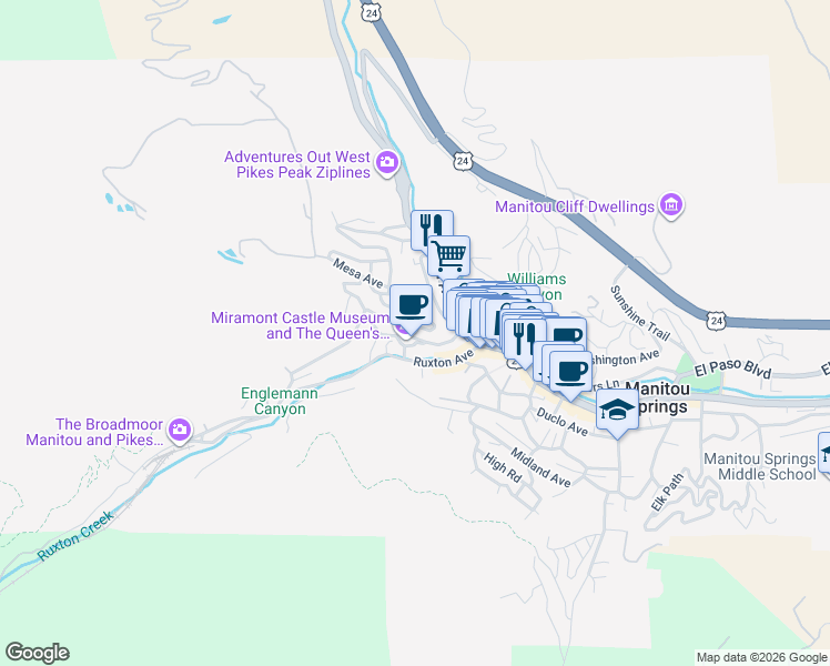 map of restaurants, bars, coffee shops, grocery stores, and more near 114 Capitol Hill Avenue in Manitou Springs