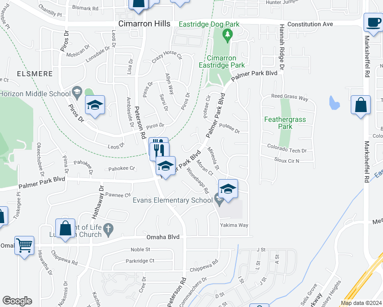 map of restaurants, bars, coffee shops, grocery stores, and more near 1890 Moran Court in Colorado Springs