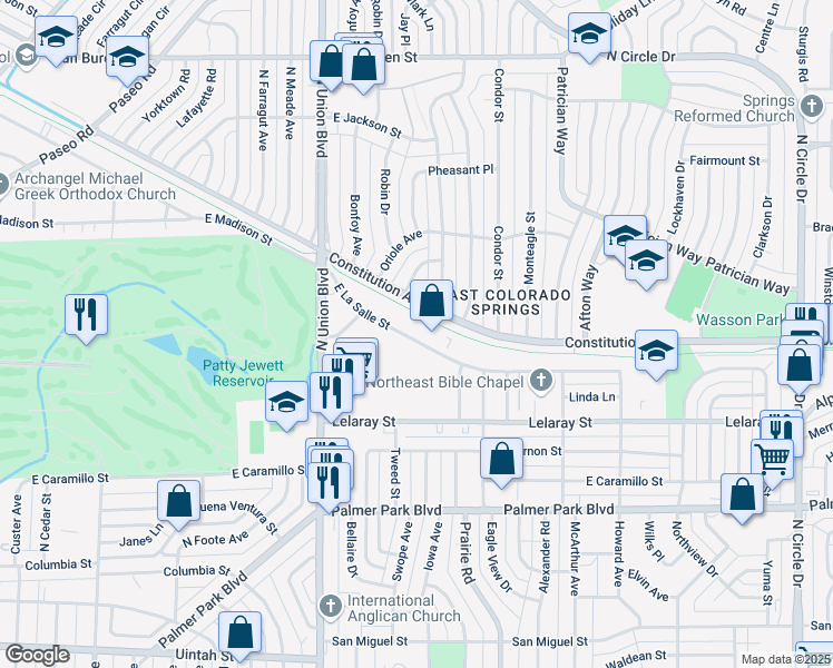 map of restaurants, bars, coffee shops, grocery stores, and more near 2114 East La Salle Street in Colorado Springs