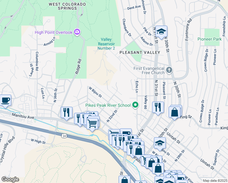 map of restaurants, bars, coffee shops, grocery stores, and more near 222 North 33rd Street in Colorado Springs