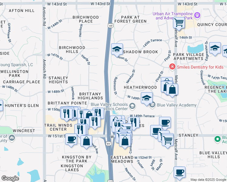 map of restaurants, bars, coffee shops, grocery stores, and more near 14866 Robinson Street in Overland Park