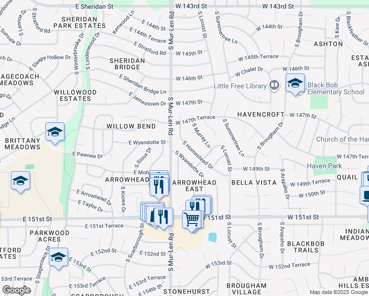 map of restaurants, bars, coffee shops, grocery stores, and more near 14704 South Wyandotte Drive in Olathe
