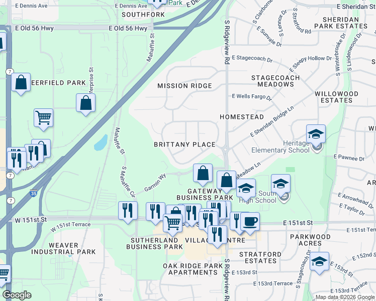 map of restaurants, bars, coffee shops, grocery stores, and more near 1229 East Meadow Lane in Olathe