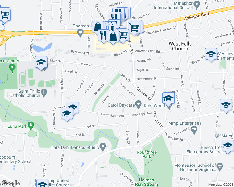 map of restaurants, bars, coffee shops, grocery stores, and more near 7223 Carol Lane in Falls Church